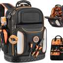 Tool Bag Backpack, 75 Pockets & Loops Heavy Duty Tools Organizer Bags/HVAC Tool Carrier for Eelectrician/Construction Work with Molded Base and Combination Lock, Large, Black and Orange