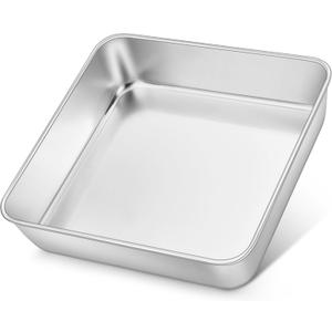 E-far 8x8 Inch Square Cake Pan, Stainless Steel Baking Pan for Lasagna Brownies Casseroles, Silver Square Bakeware for Oven Cooking, Non-Toxic & Rust Free, Dishwasher Safe, 2 Inch deep