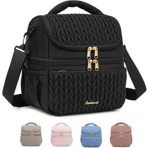 Lunch Bag Women, Double Deck Insulated Lunch Box - Large Capacity 12L with Detachable Divider for Tall Items, Leakproof, Durable & Reusable Cooler Bag For Work Picnic Travel, Quilted Black