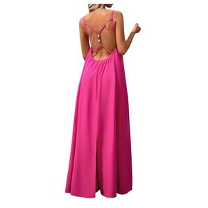 Verdusa Women's Backless Cami Dress Long Maxi Going Out Dresses Boho Split Sun Vacation Outfits Hot Pink Small