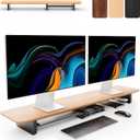 KIVY Dual Monitor Riser With Integrated Metal Shelf [MADE BY HAND] - Wooden Desk Shelf for 2 Monitors - Wide Long Stand for Desk (44 x10x3in - Oak)