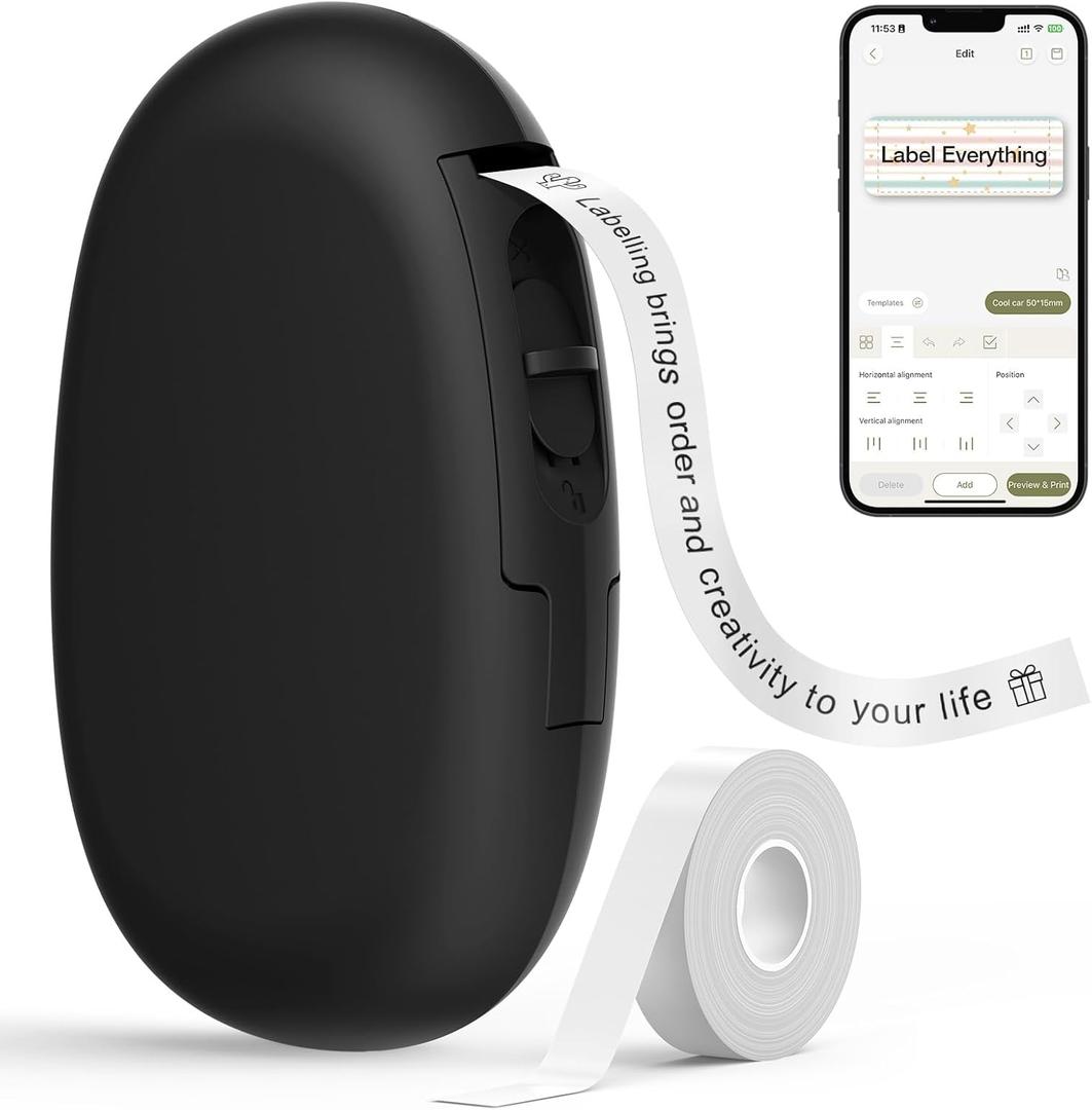 SUPVAN E10 Bluetooth Label Maker Machine with Tape, Continuous Waterproof Label, Versatile App with 35 Fonts and 1k+ Icons, Inkless Labeler for Home, Kitchen, School, Office Organization, Black