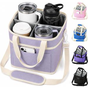 Drink Carrier Tote Bag, Family Size 4 Compartment Drink Bag Insulated 4 Water Bottle Holder with Adjustable Strap Multiple Tumbler Carrier Caddy for Car, Delivery, Family Outings Fits Any Cup