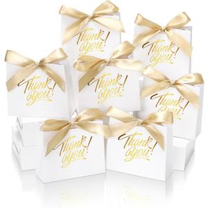 DOYIDE 30 Pack Small Thank You Gift Bags, 4.5x1.8x3.9in Party Favor Bags with Bow Ribbon, Mini Paper Gift Bag with Gold Foil Printed, White Treat Boxes for Birthday Wedding Bridal Baby Shower