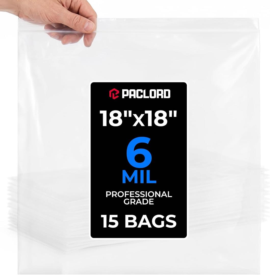 18" x 18" Extra Large Reclosable Plastic Zip Bags, 15 Count | 6 Mil Heavy-Duty Clear Poly Bags, Resealable for Food, Clothes, Hardware, Home & Garage Storage