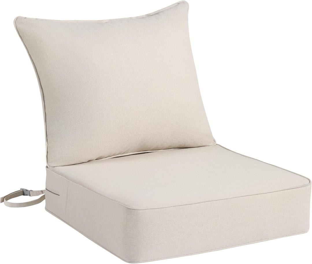 Outdoor Chair Cushion Set for Patio Furniture, 24 x 24 x 6 Extra Thick Deep Seat Patio Cushions, Olefin Back and Seat Cushion Replacement, Removable Cover, Ties and Handle, Beige