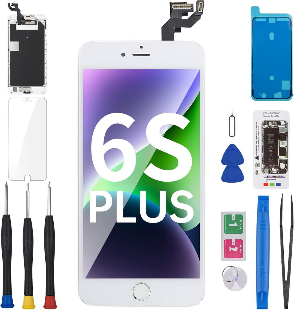 for iPhone 6S Plus Screen Replacement with Home Button 5.5" White 3D Touch LCD Display Digitizer Fix Tool Full Assembly with Front Camera Speaker Sensor Glass Protector Repair Kit A1634 A1687
