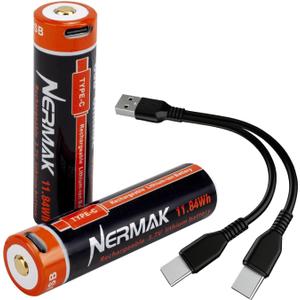 NERMAK 3.7V 3200mAh USB Rechargeable Lithium lon Battery for Flashlights, Headlamps, Bike Lights, Bluetooth Speaker Etc(2 Pack)