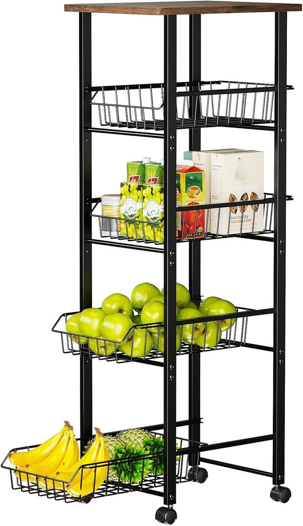 Delamu Fruit Vegetable Basket for Kitchen, 5 Tier Kitchen Organizer and Storage Cart with Wheels, Slide-Out Baskets and Wood Top, Rolling Pantry Storage cart for Produce Snack, W11.8xD16.45xH42.44 in