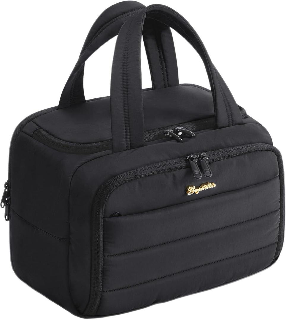 Travel Toiletry Bag for Women, Lightweight Large Quilted Puffy Makeup Bag Wide-open Make up Organizer Cloud Cosmetic Bag w/Handle for Traveling, Toiletries, Essentials, Accessories, Black