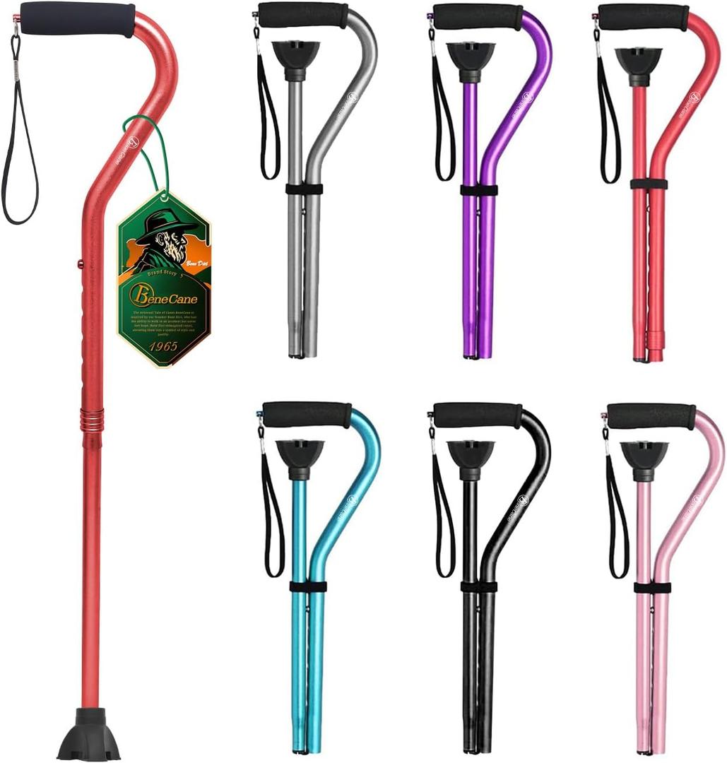 BeneCane Walking Cane for Men & Women Adjustable Cane with Offset Soft Cushioned Handle -Portable Lightweight Sturdy Mobility Walker Aid for Elderly, Seniors Collapsible Cane (Red)