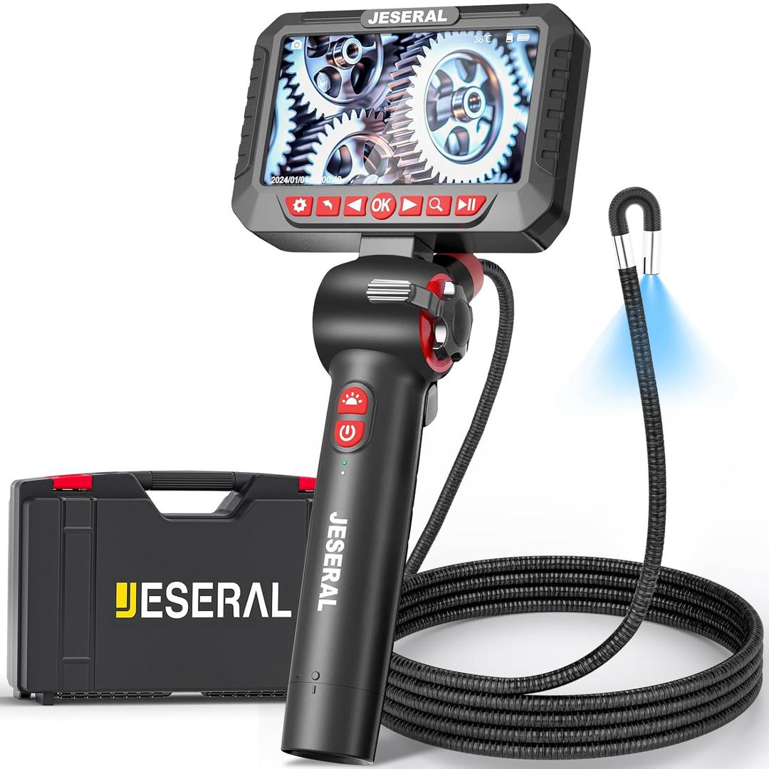 Articulating Borescope Camera - JESERAL 5" HD 1080P Inspection Camera Screen with 6 Led Light, Endoscope with 6.2mm Len IP67 Waterproof Probe, 3X Zoom Borescope with Semi-Rigid 5FT Cable for Mechanic