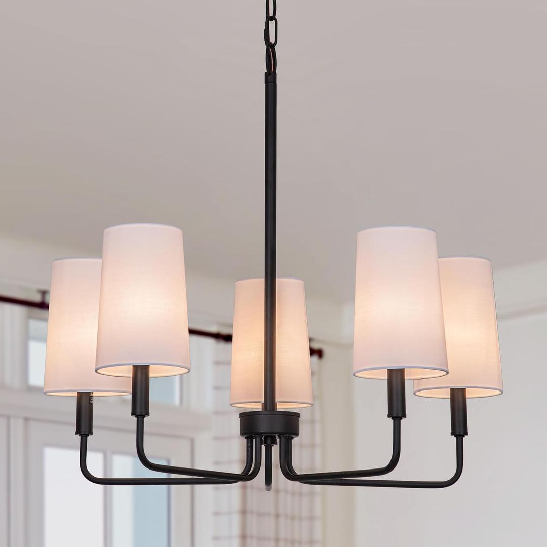 Chandelier, Matte Black with White Fabric Shade, Modern Farmhouse Hanging Pendant Lighting Fixture for Bedroom Kitchen, Living & Dining Room, 25" Dia