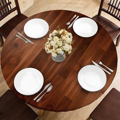 BOOWEATS Wood Grain 48 Inch Round Fitted Cloth Tablecloth with Elastic Edged, Waterproof Oil Proof Wipeable Table Cover for Indoor Outdoor Patio Table, Fits Round Tables Up to 46" - 50" Diameter