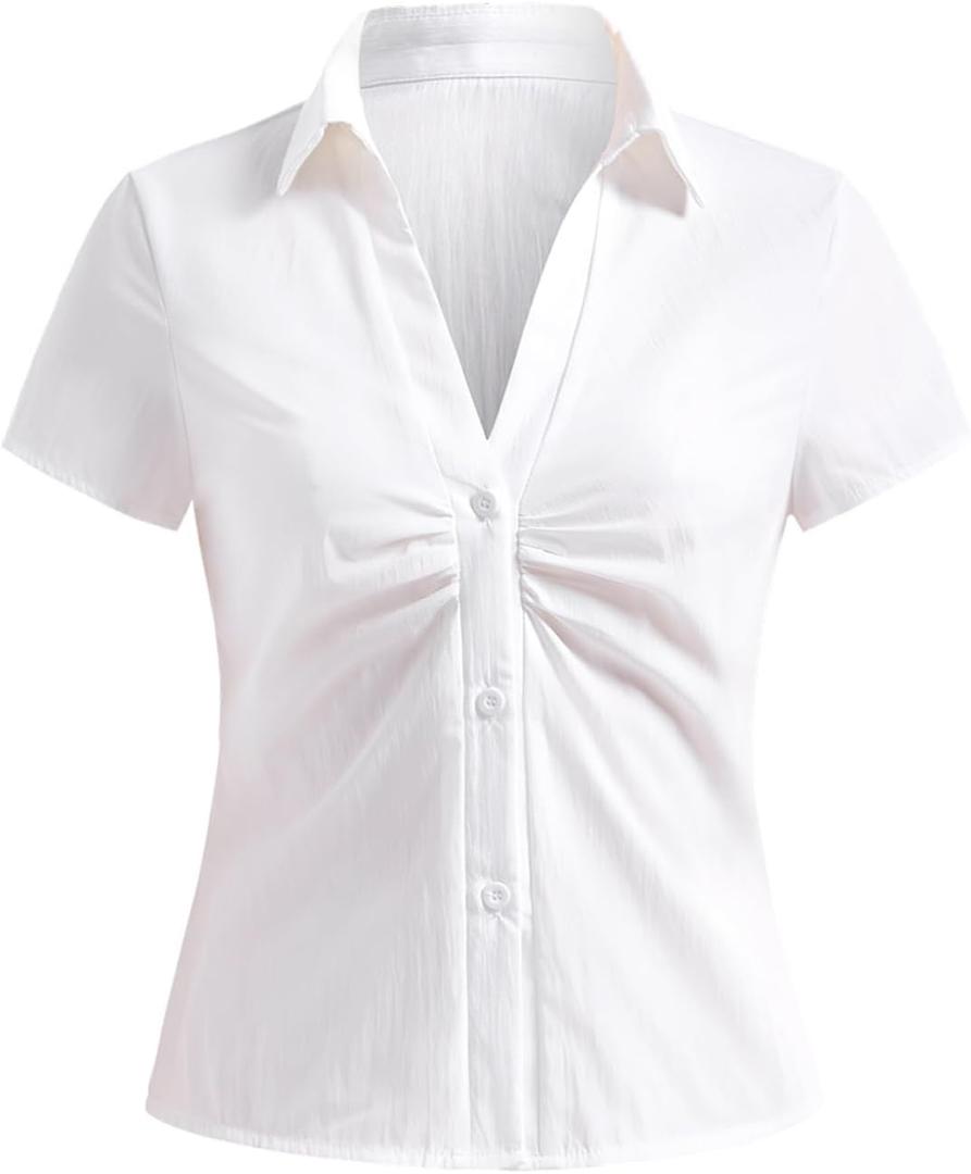 Women's Ruched Button Down Shirt Collar V Neck Short Sleeve Slim Fit Blouse (L)