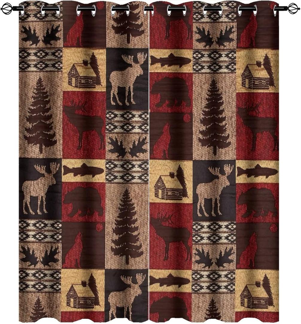 Rustic Black Bear Curtains,Vintage Farmhouse Cabin Elk Tree Plaid Room Darkening Blackout Window Curtains with Grommets,Energy Efficient Window Treatment for Living Room 42x45in (42"W x 45"L (Pack of 1), Style-1w7lr4qpk9nkg)