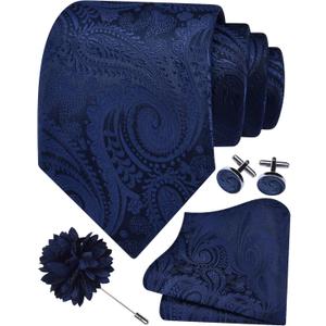 GUSLESON Paisley Tie Set for Men 3.15" Necktie Lapel Pin Hankerchief Cufflinks Set for Men (Blue)