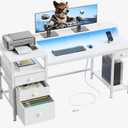 Furologee 60" Computer Desk with 4 Drawers and Printer Space, Gaming Desk with LED Lights and USB Power Outlets, Home Office Desk with Fabric File Cabinet, Study Work Table with Shelf for Bedroom