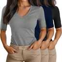 Ficerd 1 Pack Women's Half Sleeve V Neck T Shirts, Cotton Elbow Length Sleeve Shirt Slim Fit Tunic Top Casual Summer Tee( Light Gray,X-Large)