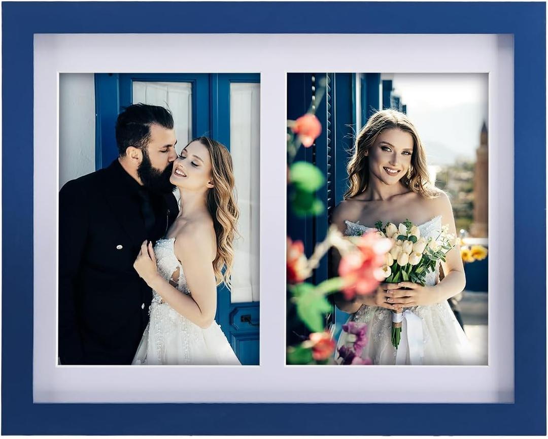 Collage Picture Frame, Double 5x7 Picture Frame with Mat, Fits 8.5X11 or Two 5x7 Photos, Tempered Glass, for Tabletop or Wall Mount-Navy Blue
