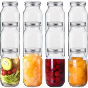 Jucoan 12 Pack 24 oz Glass Mason Jar Canning Jar with Silver Airtight Metal Lids, Regular Mouth Glass Jars for Preserving Fruits, Vegetables, Pickles, Tomato Juices and Sauces, Square Shape