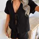 Women's Summer Short Sets Front Tie V Neck Shirt Tops Matching Casual Shorts 2 Piece Outfits Vacation Loungewear (Black, M)