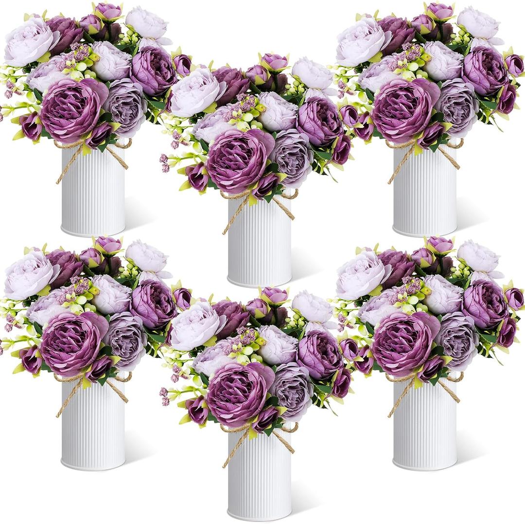 6 Sets Artificial Peonies Flower Peony Bouquet with Galvanized Metal Pot Silk Fake Peonies Faux Flower Arrangements for Wedding Table Centerpiece Party Home Room (Purple)