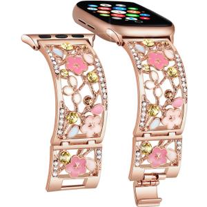 Floral Bracelet Compatible with Apple Watch Band 38mm 40mm 41mm 42mm iWatch Bands Series 11 10 9 8 7,Bling Crystal Hollow Metal Strap,Cute Women Dressy Jewelry Wristband(38/40/41/42mm,Rose Gold)
