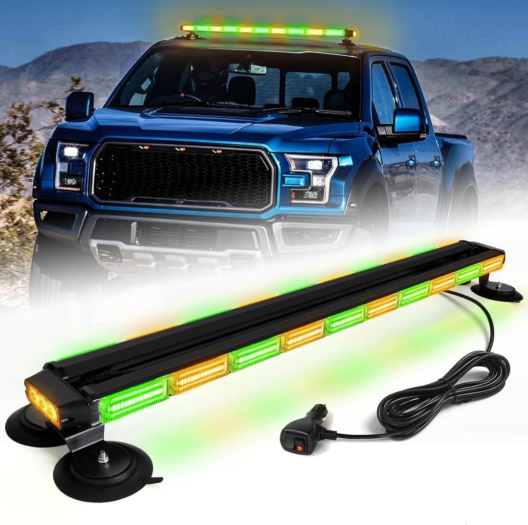 42" Emergency Flashing Strobe Lights Bar with 28 Strong Magnets Double Side Traffic Advisor 206 LED Warning Snow Plow Light for Trucks Vehicles Tow Pickup, Amber/Green