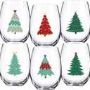 Umigy Set of 6 Christmas Stemless Glass, 12 oz Christmas Winter Glassware Funny Holiday Glass Drinkware Mug Cup, Merry Xmas Gift for Holiday Festive Gatherings(Red Green Xmas Tree)