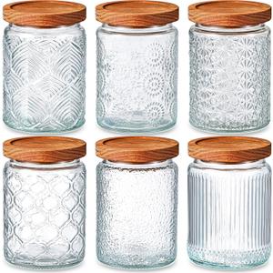 Sumind 6 Pcs Vintage Glass Jars with Wooden Lids 24 oz Airtight Glass Food Storage Containers Sets Clear Rustic Canisters Decorative Storage Jars for Kitchen Coffee Tea Candy Sugar Cereal Spice Flour