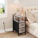 End Table with Charging Station, Narrow Side Table, 23.8'' Tall Nightstand with 2 Fabric Drawers, Small Sofa Side Table Narrow Nightstand for Small Spaces, Living Room, Bedroom, Rustic Grey