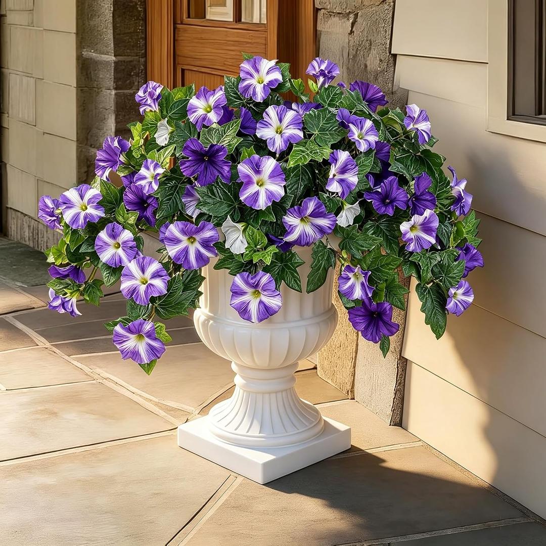 IDEVER Artificial Flowers for Outdoors Faux Petunias No Fade Realistic Artificial Flowers for Garden Porch Balcony Patio Home Decor(2PCS White-Purple)