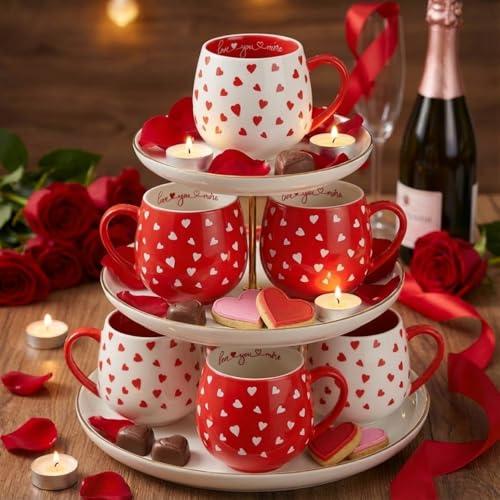 Didaey 6 Pcs Valentine Day Heart Coffee Mugs 12oz Valentine Red Heart Ceramic Mugs Bulk Cute Couple Cups Set for Anniversary Wedding Engagement Birthday Couple Gifts Mom Women