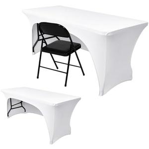 Nasitos 2 Pack Fitted White Tablecloth Rectangle for 4 ft Table-Open Back Folding Stretch Spandex Table Covers Fabric Washable and Wrinkle Resistant for Parties, Wedding, Craft Fair, Trade Show