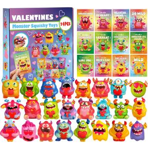 24Pcs Valentines Day Gifts for Kids, Monster Heart Squishy Toys with Cards for Galentines School Gift Exchange, Classroom Prizes, Bag Stuffers, Party Favors