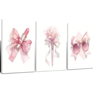 3Pcs Framed Pink Bow Feminine Lipstick Sunglasses Flowers Wall Art Decor Canvas Print Fashion Artwork Mural Picture Poster Bedroom Dressing Table Salon Decor 12x16 Inch Ready to Hang