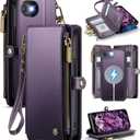 Defencase for iPhone 16E Magnetic Wallet Case Compatible with Magsafe with RFID Blocking Zipper Pocket & Card Holder for Women Men, PU Leather Strap Detachable Case for iPhone 16e 6.1 inches, Purple