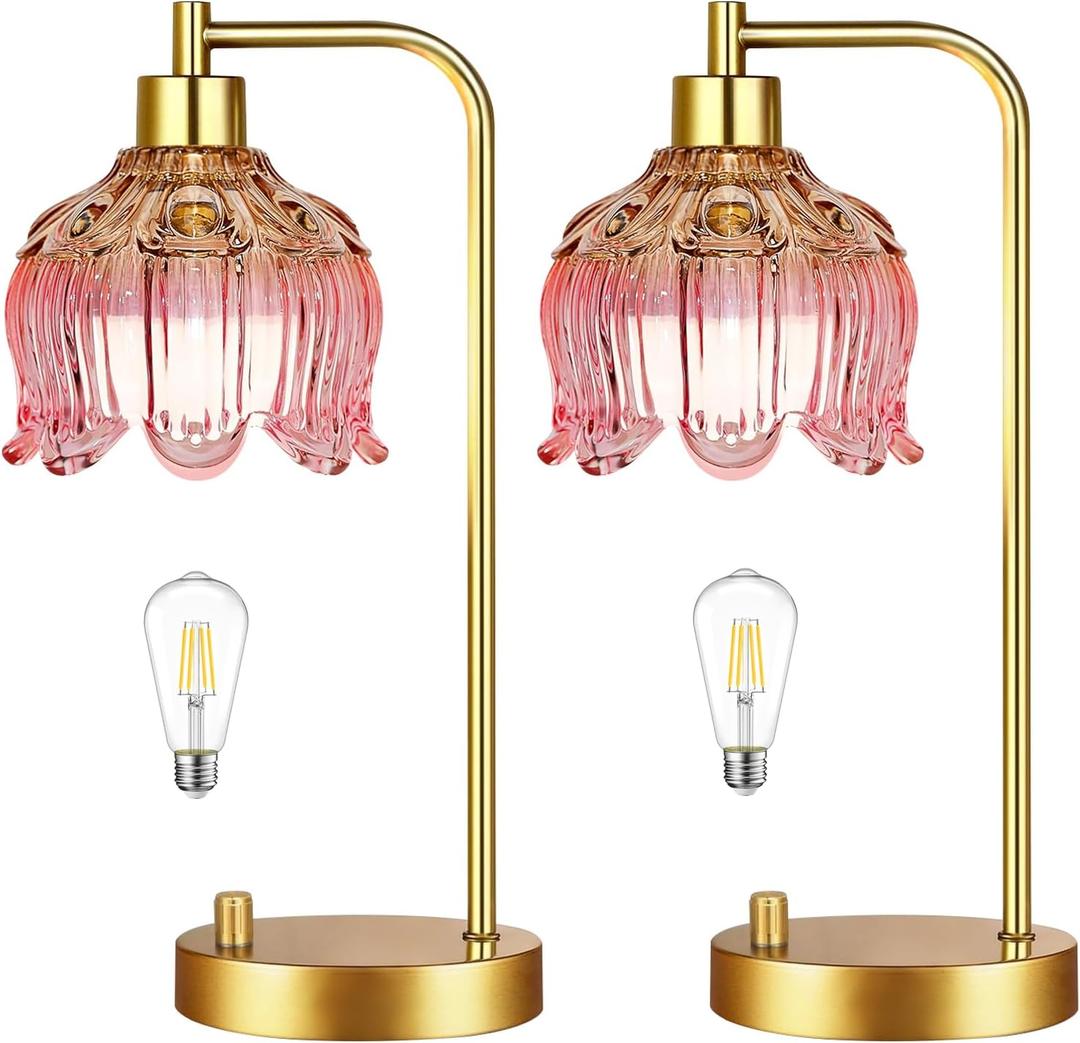 ILLMTW Pink Table Lamp Set of 2,Small Gold Bedside Lamps Dimmable Boho Bedroom Lamp with Tulip Flower Glass Lamp Shade,Vintage Mid Century Modern Mini Nightstand Lamp for Bedroom Living Room
