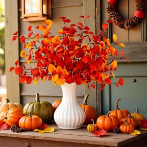 Lifelike Artificial Fall Eucalyptus Leaves Stems, 6Pcs 23.6'' Tall Fake Eucalyptus Stems Fall Leaf Branches for Vase Bouquets Farmhouse Autumn Party Centerpieces Floral Arrangements (Orange)
