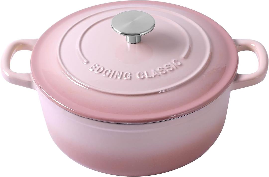 Enameled Cast Iron Covered Dutch Oven with Lid Round Pot for Bread Baking, 7 Quart, Pink (7QT)