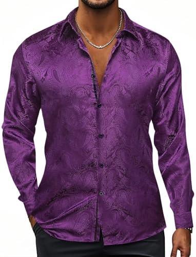 Hi-Tie Silk Mens Paisley Dress Shirts Casual Long Sleeve Button Down Regular Fit Shirts Formal Wedding Party Business, Purple,XXL