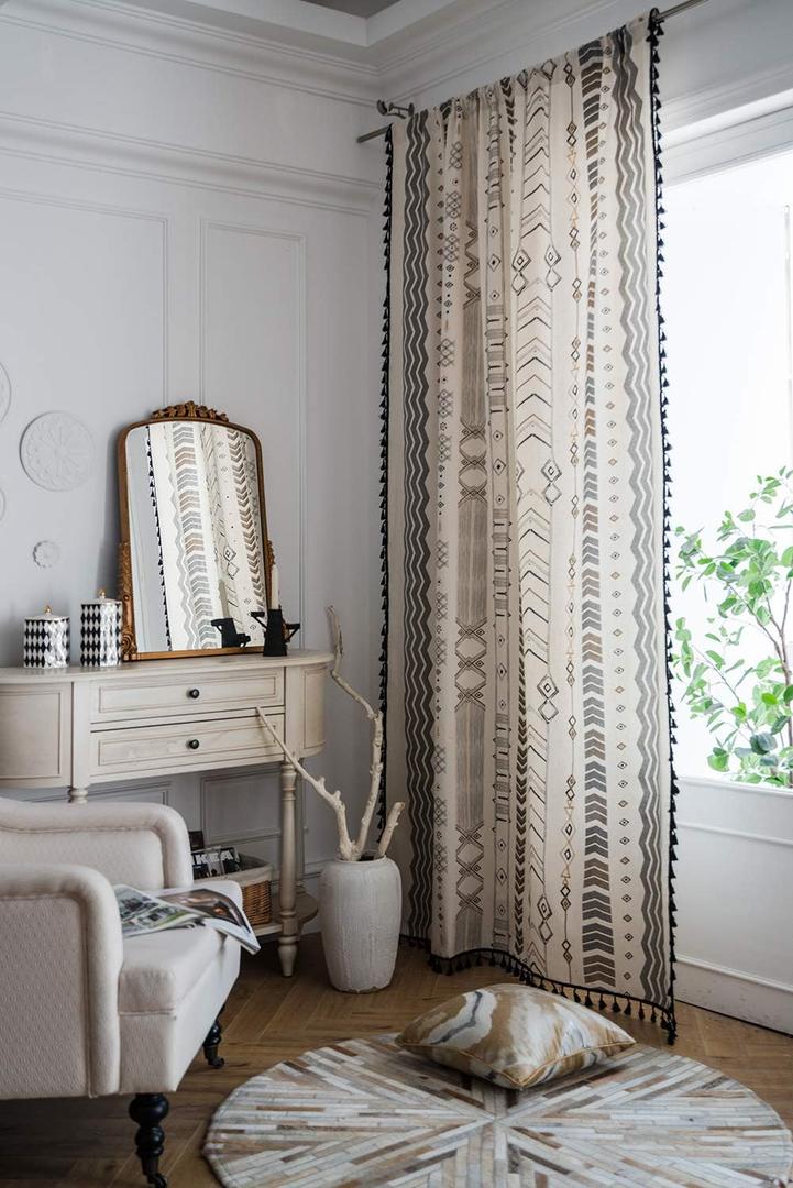 Lahome Tribal Folk Geometric Tassel Window Curtains - 2 Panels Semi Blackout Cotton Blend Farmhouse Boho Style Drapes Rod Pocket Window Curtain with Tassels for Living Room Size 120" x 41"
