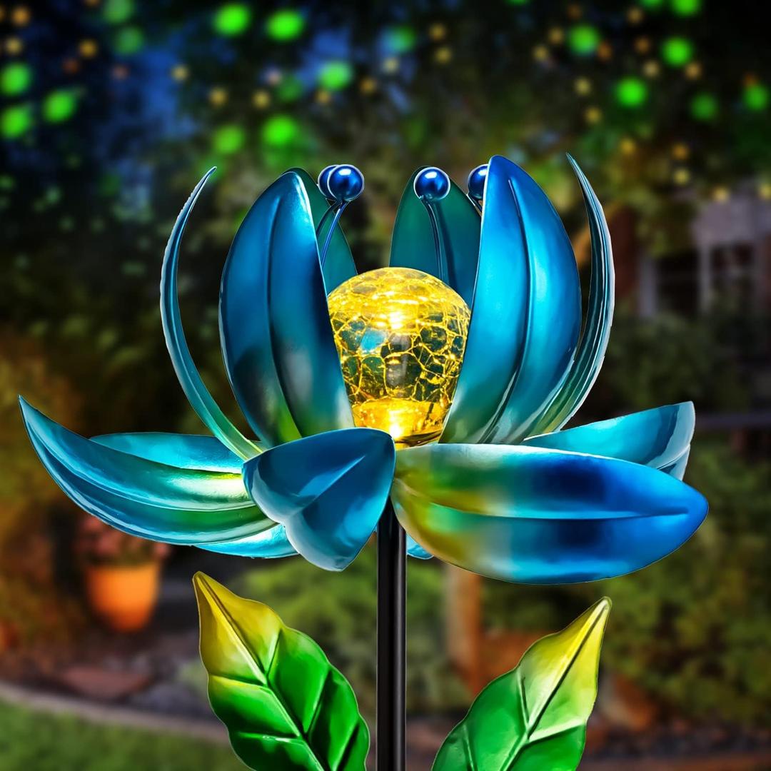 Solar Garden Lights Metal Flower Decor, Colorful Spinning Windmill Lotus Pathway Ligths with LED Cracked Crystal Ball Outdoor Decorative Stake Lighting Waterproof Flower Sculpture for Patio Yard (Multicolor)
