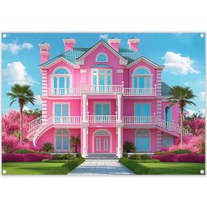 Fabric 7x5ft Pink House Photography Backdrop Princess Castle Mansion Toy Background Summer Tropical Kids Dream Party Decorations Girl Birthday Photo Booth