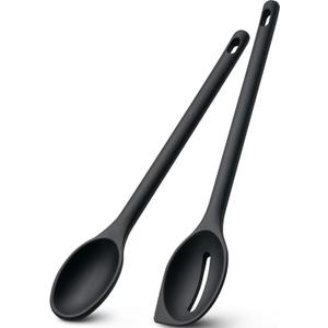 Silicone Spoons for Cooking, 600F Heat Resistant Cooking Spoon with Solid & Slotted Spoon for Mixing, Serving, Stirring, Scraping, BPA Free Silicone Kitchen Utensil Set, Dishwasher Safe (2Pcs, Black)