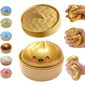 Glitter Dumpling Squishy, Mystery Glitter Dumpling Squishies Box, Colorful Dumpling Stress Balls Fidget, Jumbo Squishy Toy with Steamer Box, Soft Squeeze Decompression Dough Gift (Gold)