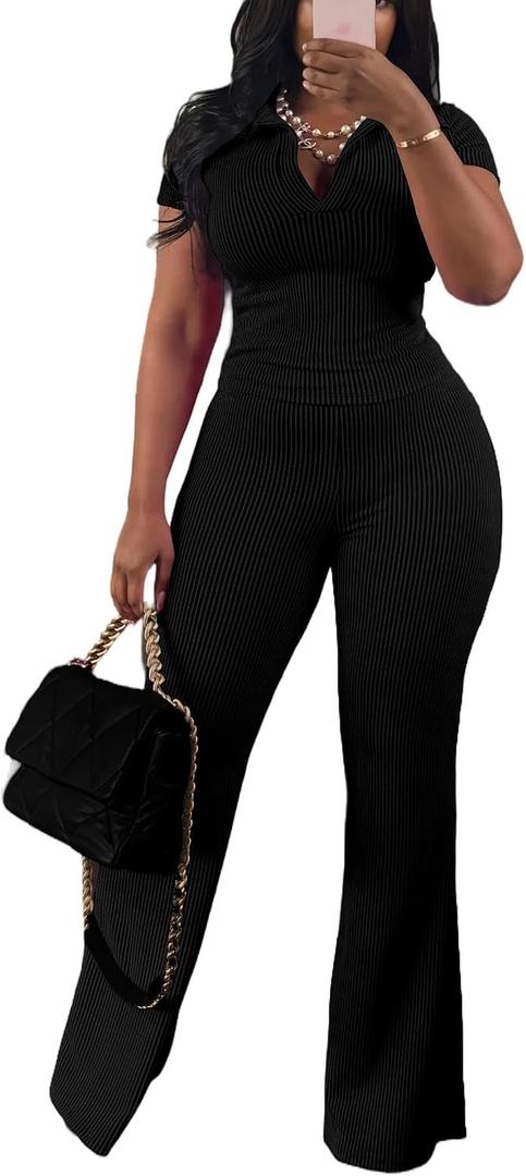 HBQ Womens 2 Piece Outfit Ribbed Short Sleeve V Neck Polo Top Flare Pants Casual Lounge Sets Tracksuit, Large