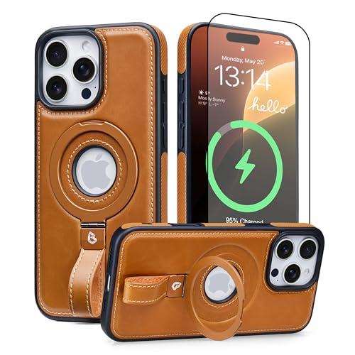 BUTAIGA for iPhone 16 Pro Leather Case with Stand, Anti-Slip Grip Ring, Fits for MagSafe (Brown, IP 16 Pro-6.3inch)