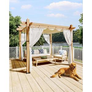 KYBOLT 10x10 Ft Outdoor Pergola with Retractable Canopy Metal Gazebo Imitation Wood-Grain Column with Side Mesh Screen Modern Pavilion for Backyard(Beige+White)